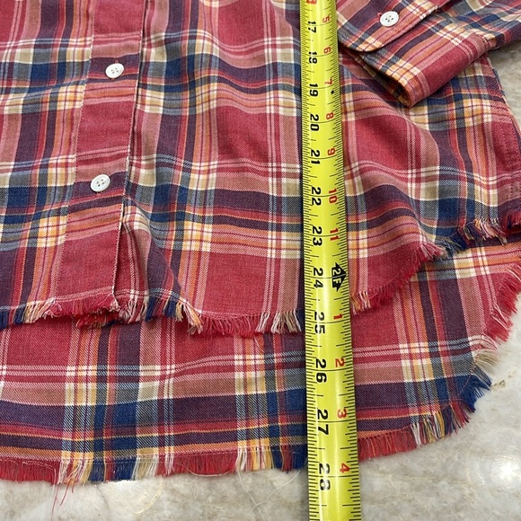 FRAME Fray Hem Flannel Top in Light Red Check Men's Size Small Preppy Plaid Boho - Picture 7 of 14